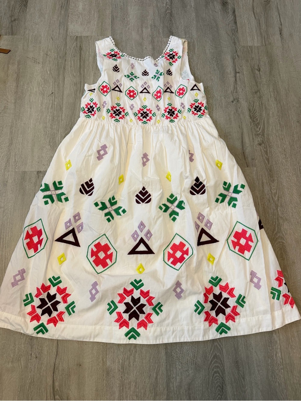 Anthropologie White Sleeveless Dress with Bright Geometric Embroidery